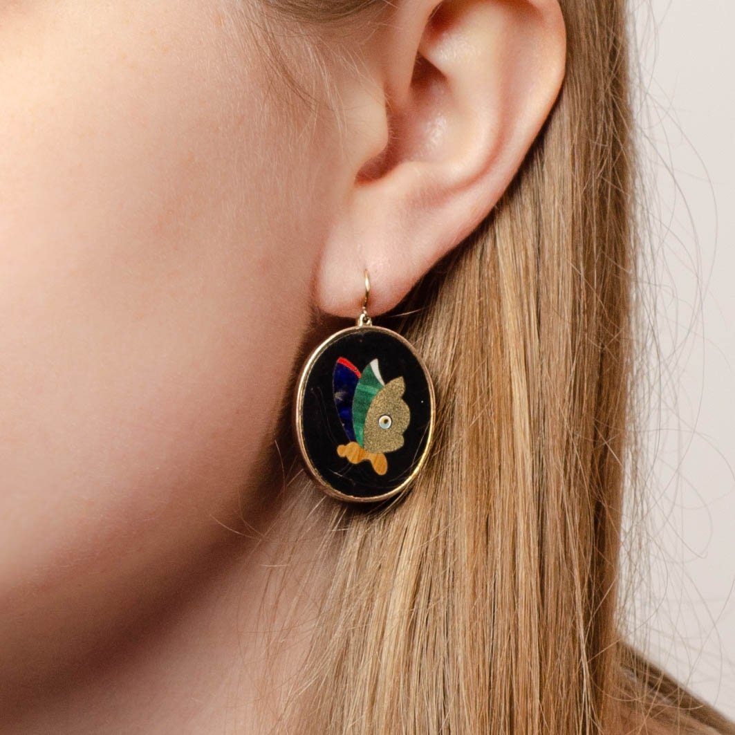 Antique Pietra Dura Butterfly Conversion Earrings of 14k Gold - Trademark Antiques