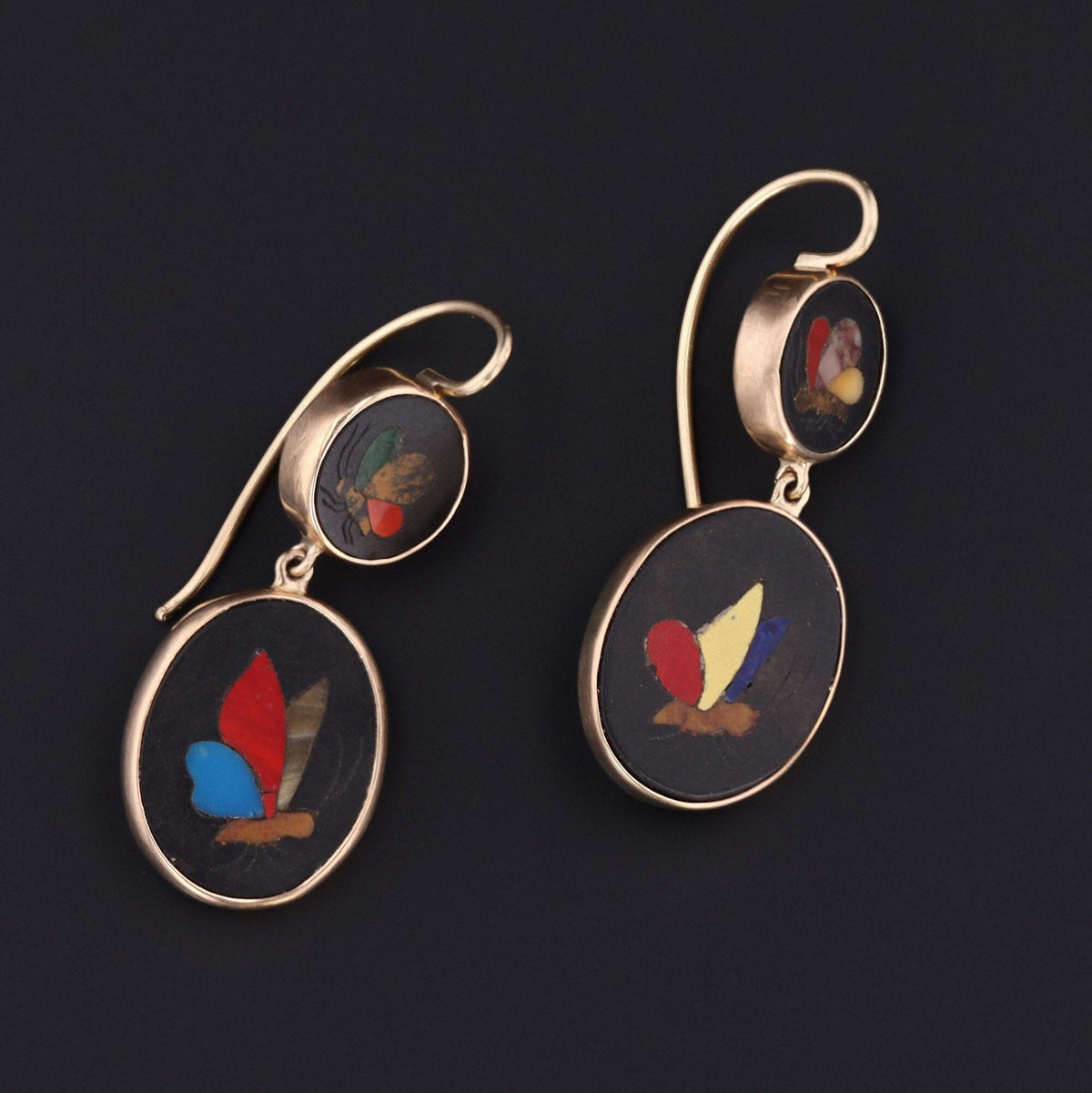 Antique Pietra Dura Butterfly Conversion Earrings of 14k Gold - Trademark Antiques