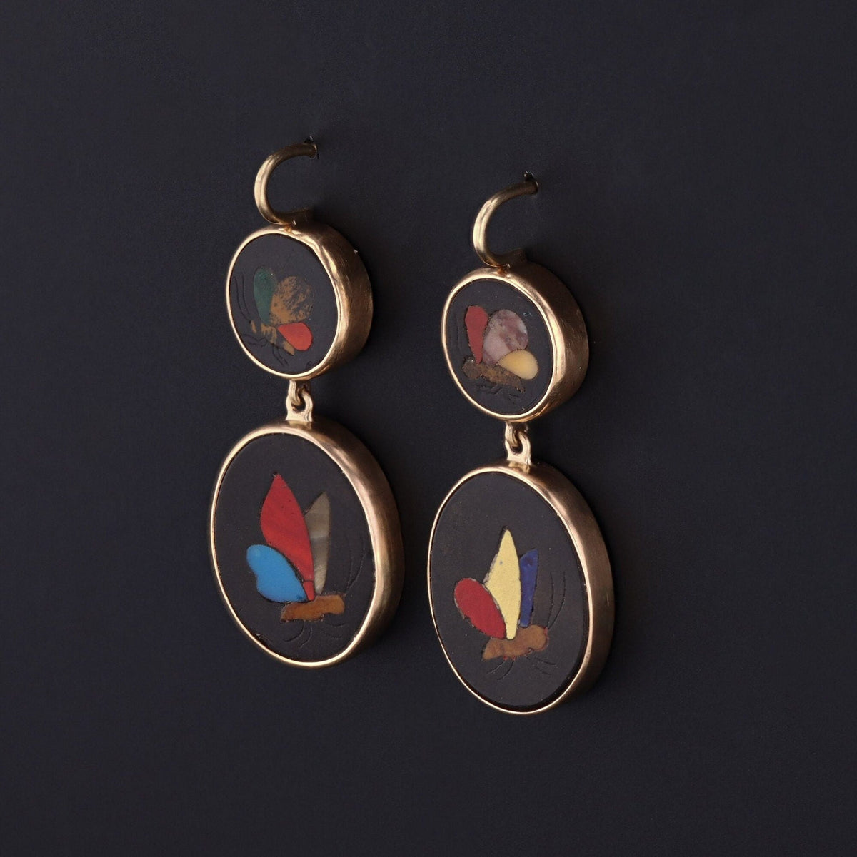 Antique Pietra Dura Butterfly Conversion Earrings of 14k Gold - Trademark Antiques