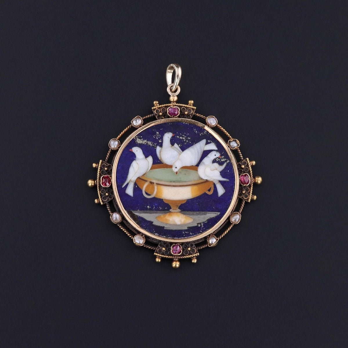 Antique Pietra Dura Doves of Pliny Pendant of 18k Gold - Trademark Antiques