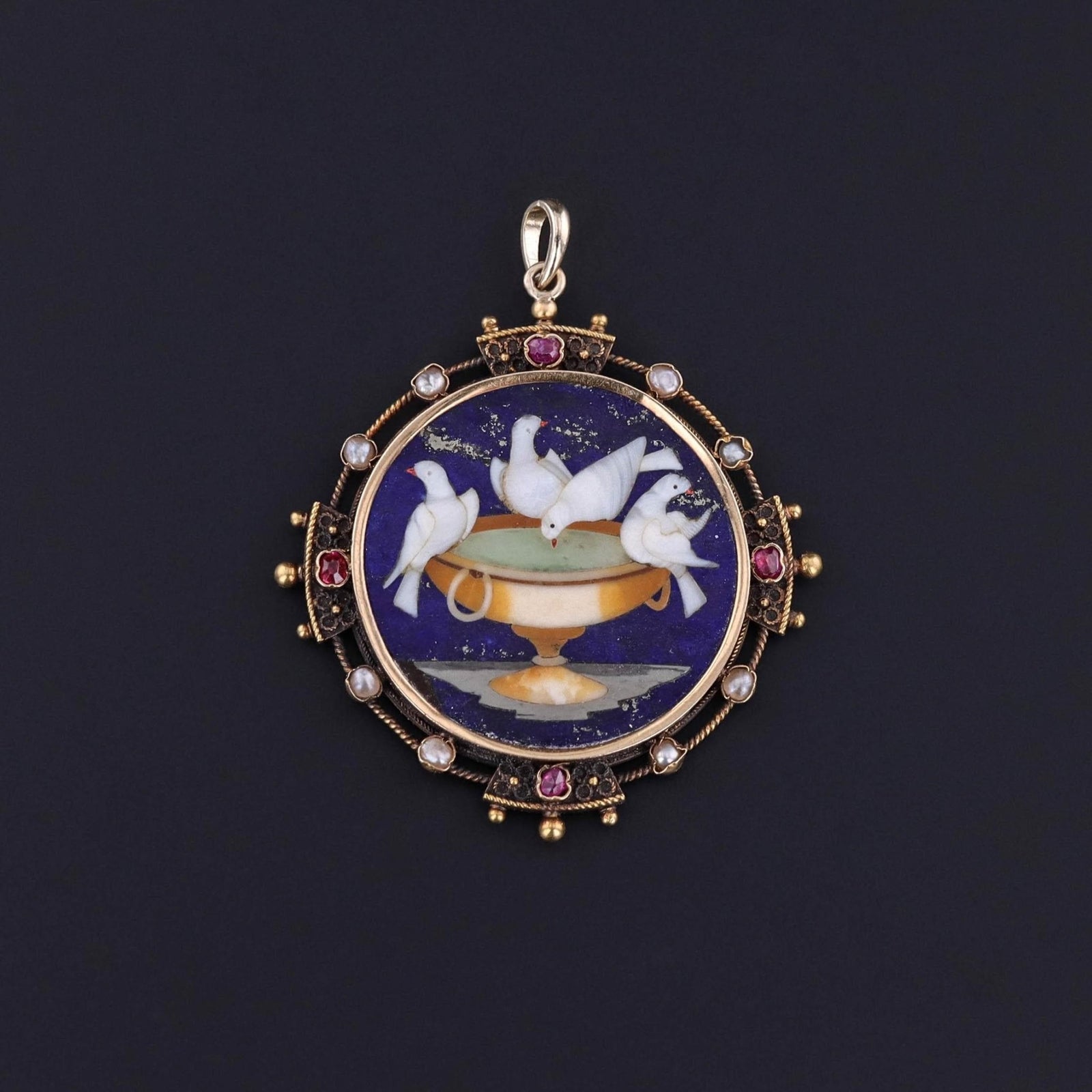 Antique Pietra Dura Doves of Pliny Pendant of 18k Gold - Trademark Antiques