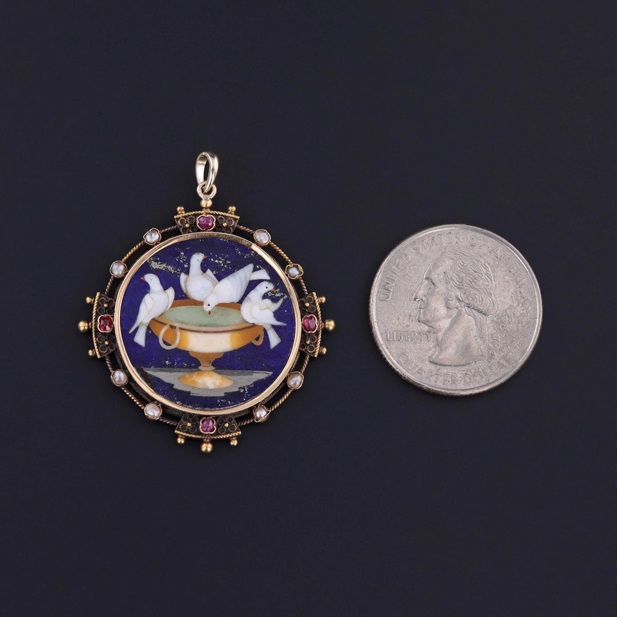 Antique Pietra Dura Doves of Pliny Pendant of 18k Gold - Trademark Antiques