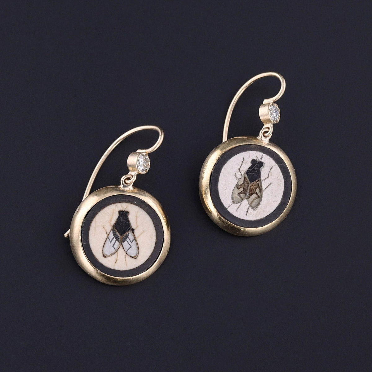 Antique Pietra Dura Fly Earrings of 14k Gold - Trademark Antiques