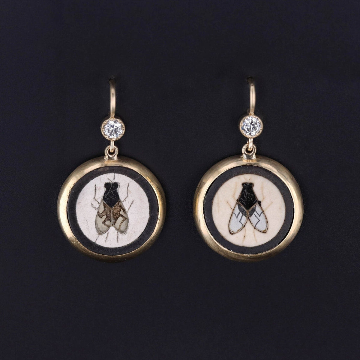 Antique Pietra Dura Fly Earrings of 14k Gold - Trademark Antiques