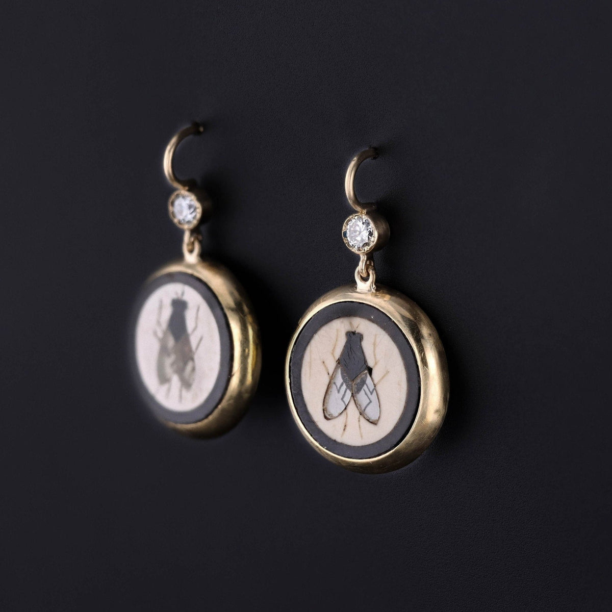 Antique Pietra Dura Fly Earrings of 14k Gold - Trademark Antiques