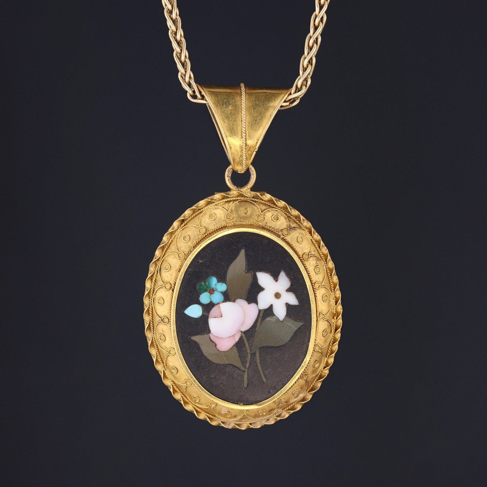 Antique Pietra Dura Locket Pendant of 14k Gold - Trademark Antiques