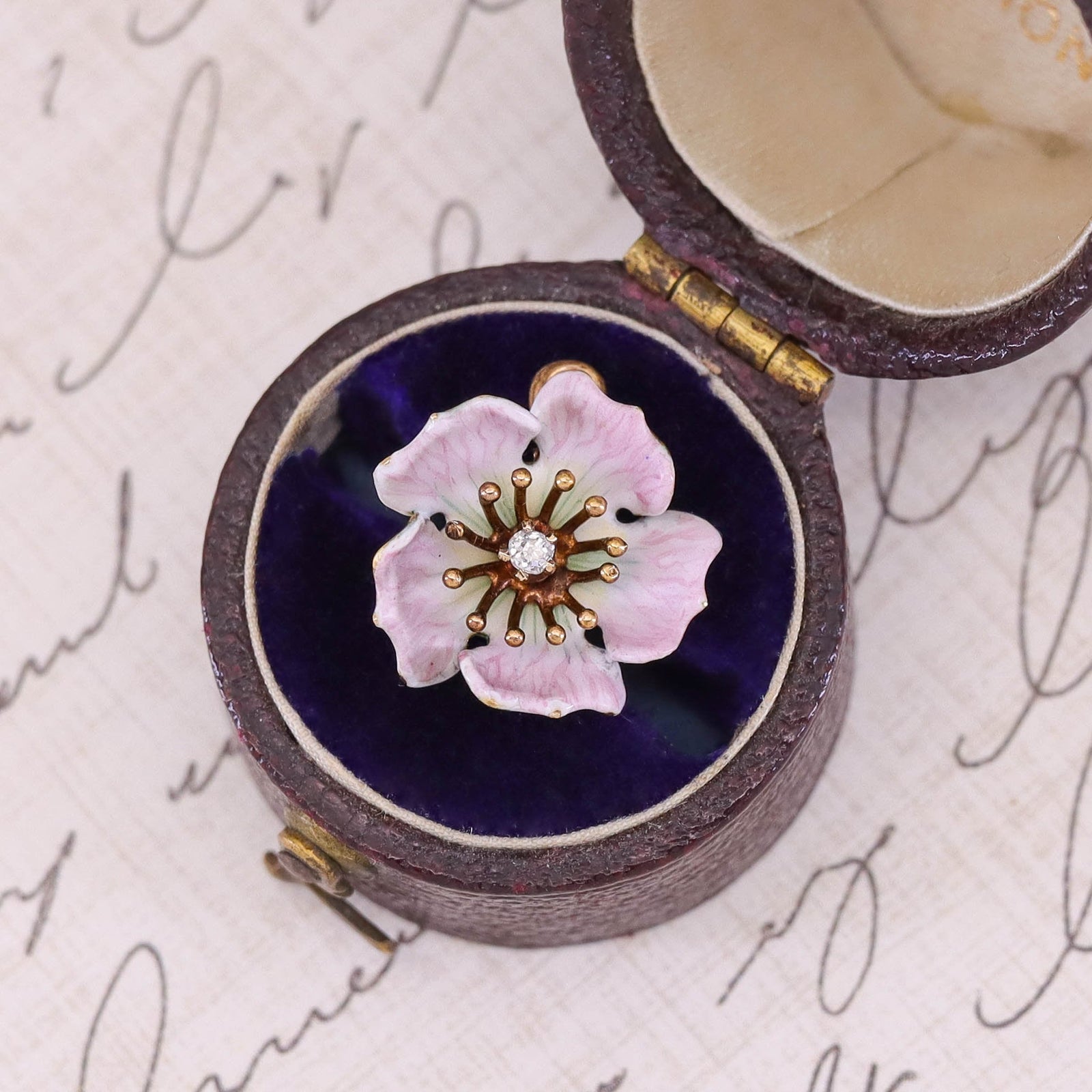 Antique Pink Dog Rose Flower Charm of 14k Gold - Trademark Antiques