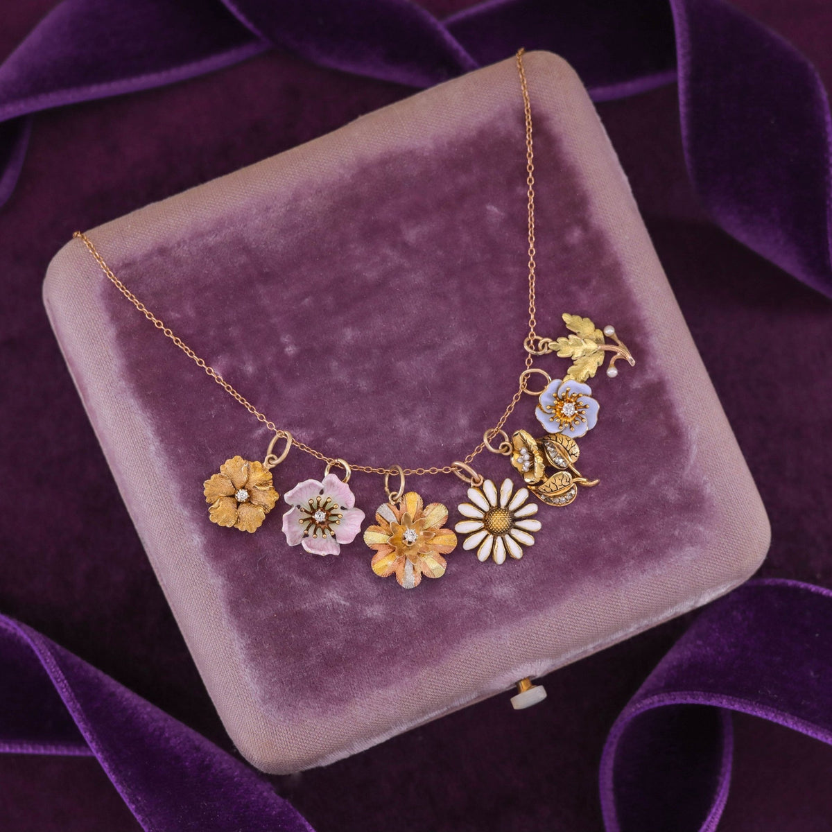Antique Pink Dog Rose Flower Charm of 14k Gold - Trademark Antiques