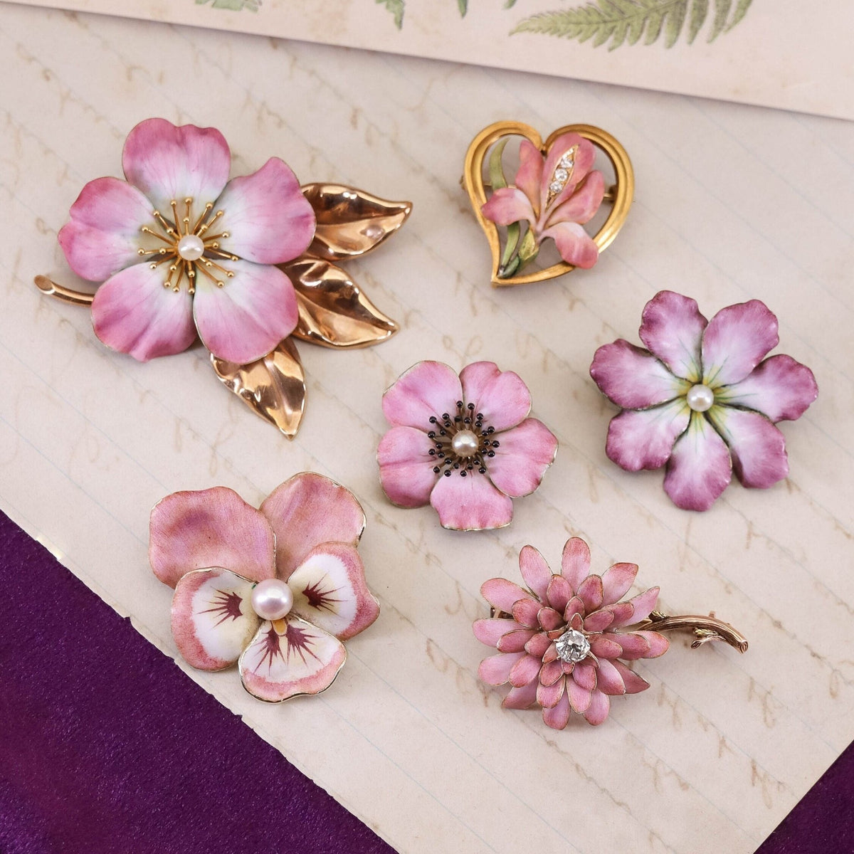 Antique Pink Enamel and Diamond Flower Brooch of 14k Gold - Trademark Antiques