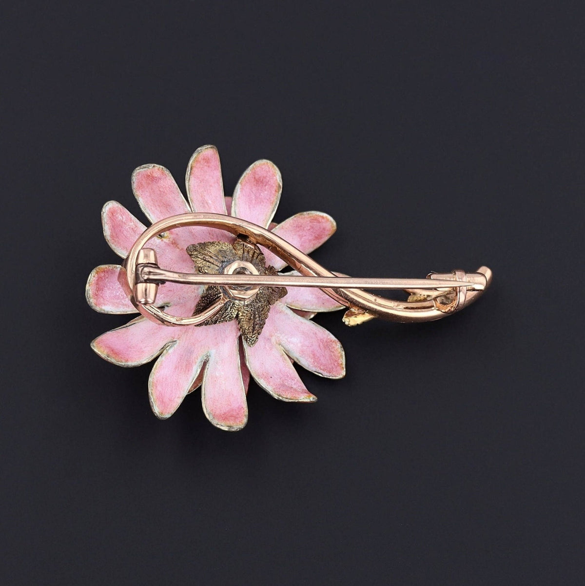 Antique Pink Enamel and Diamond Flower Brooch of 14k Gold - Trademark Antiques