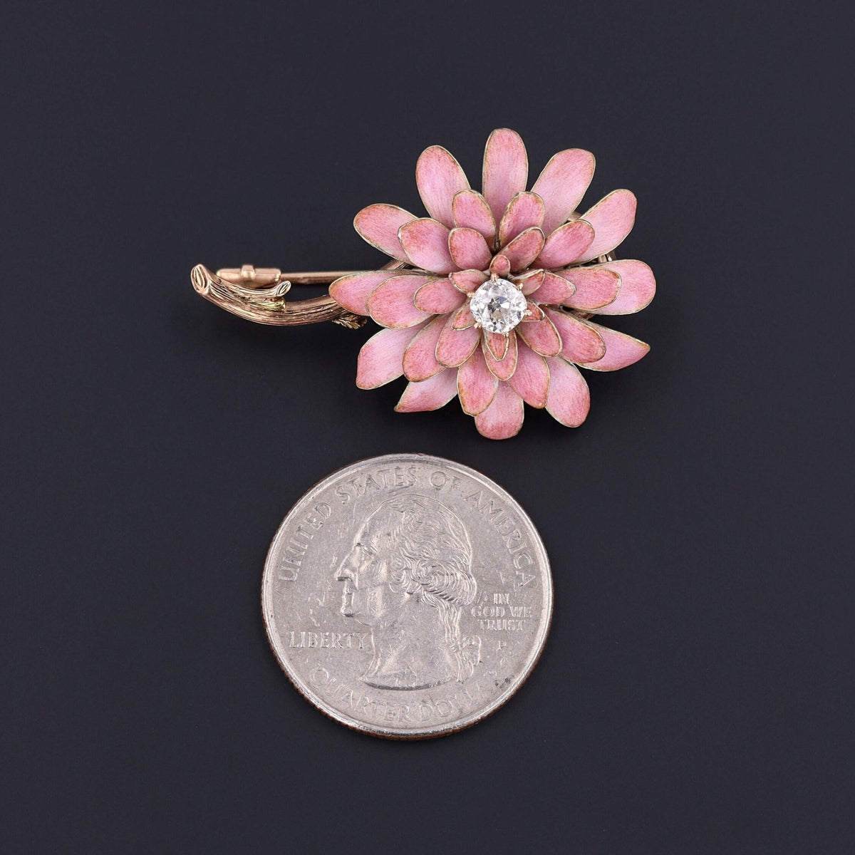 Antique Pink Enamel and Diamond Flower Brooch of 14k Gold - Trademark Antiques
