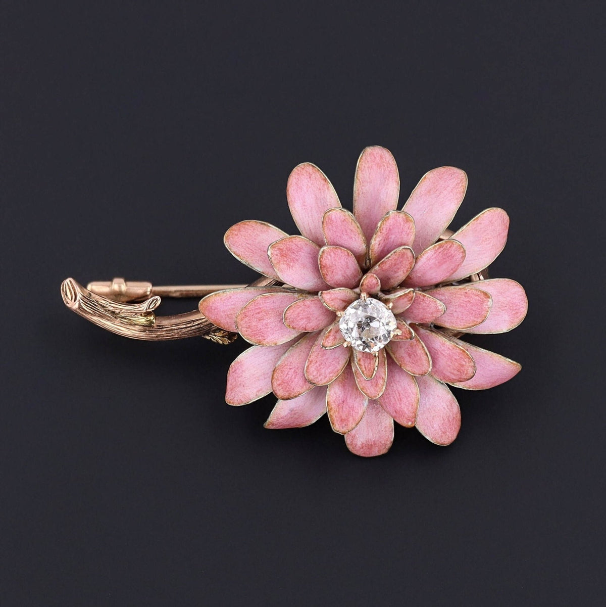 Antique Pink Enamel and Diamond Flower Brooch of 14k Gold - Trademark Antiques