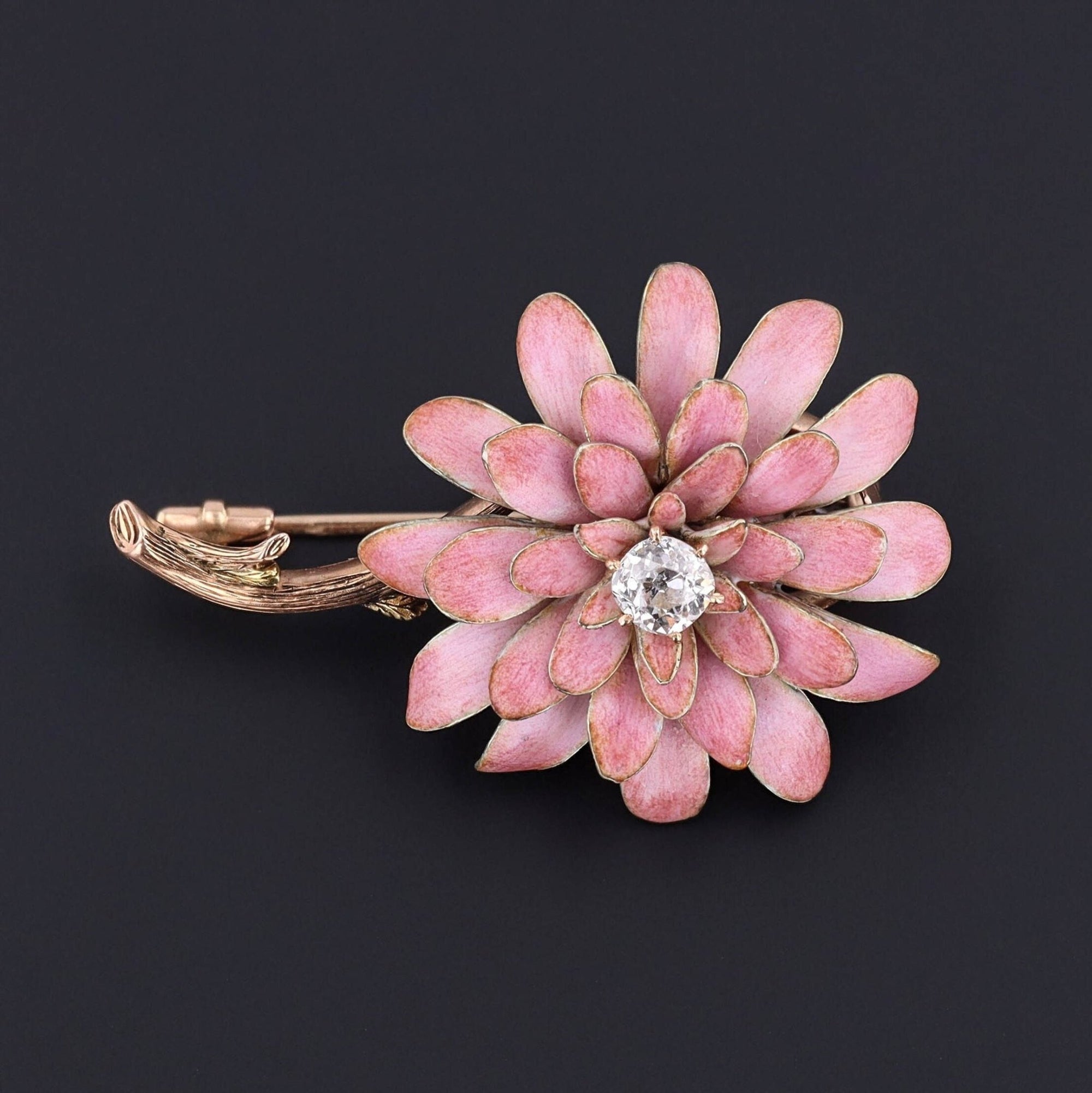 Antique Pink Enamel and Diamond Flower Brooch of 14k Gold - Trademark Antiques