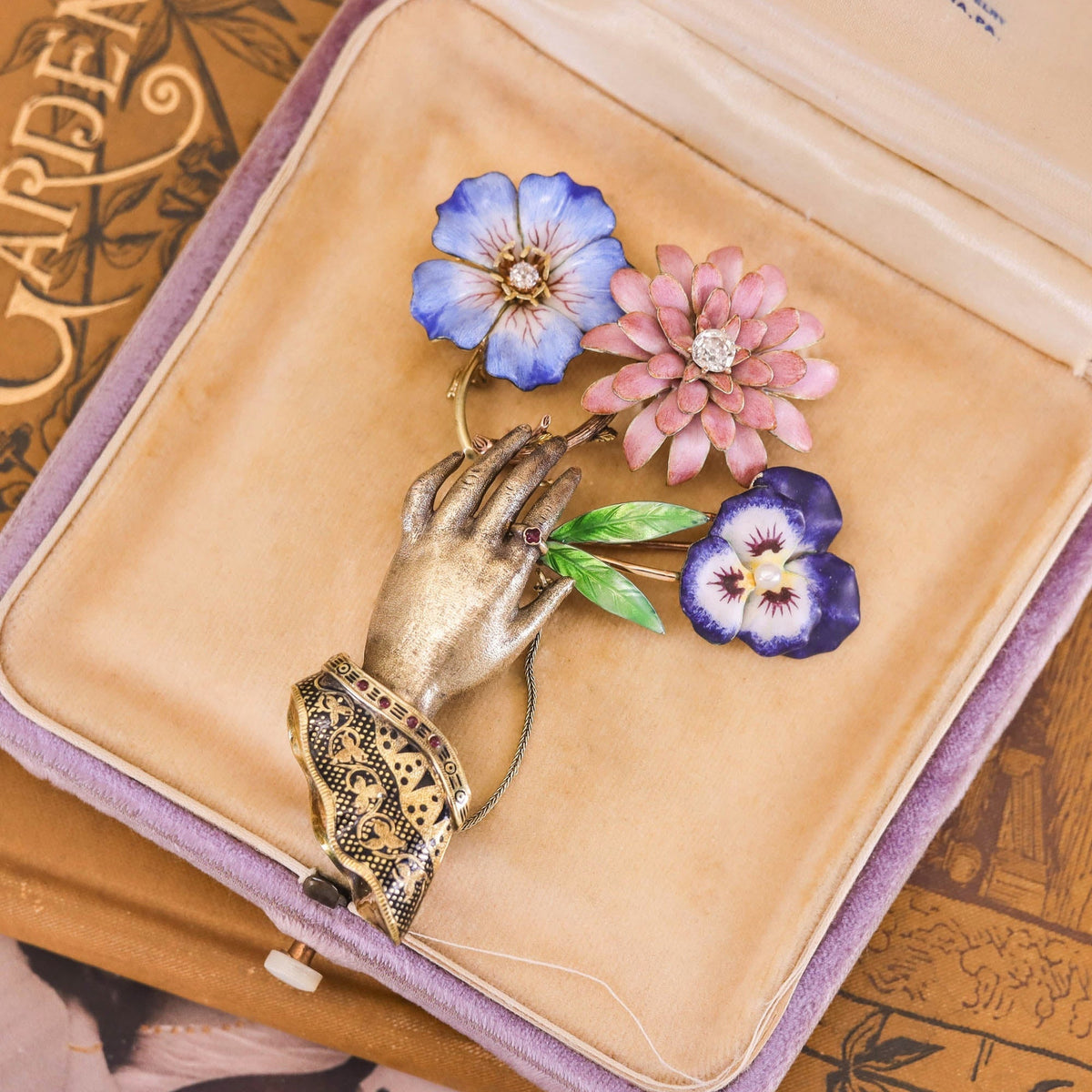 Antique Pink Enamel and Diamond Flower Brooch of 14k Gold - Trademark Antiques