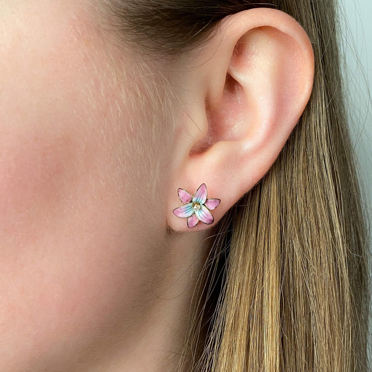 Antique Pink Enamel Flower Earrings of 18k Gold - Trademark Antiques