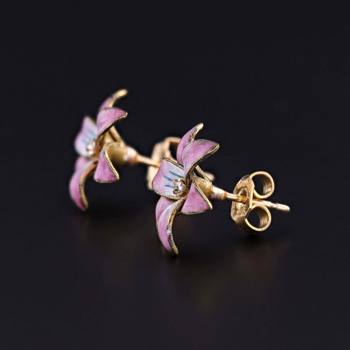 Antique Pink Enamel Flower Earrings of 18k Gold - Trademark Antiques