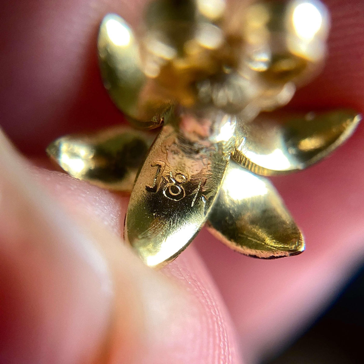 Antique Pink Enamel Flower Earrings of 18k Gold - Trademark Antiques