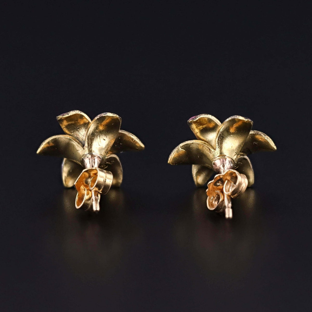 Antique Pink Enamel Flower Earrings of 18k Gold - Trademark Antiques