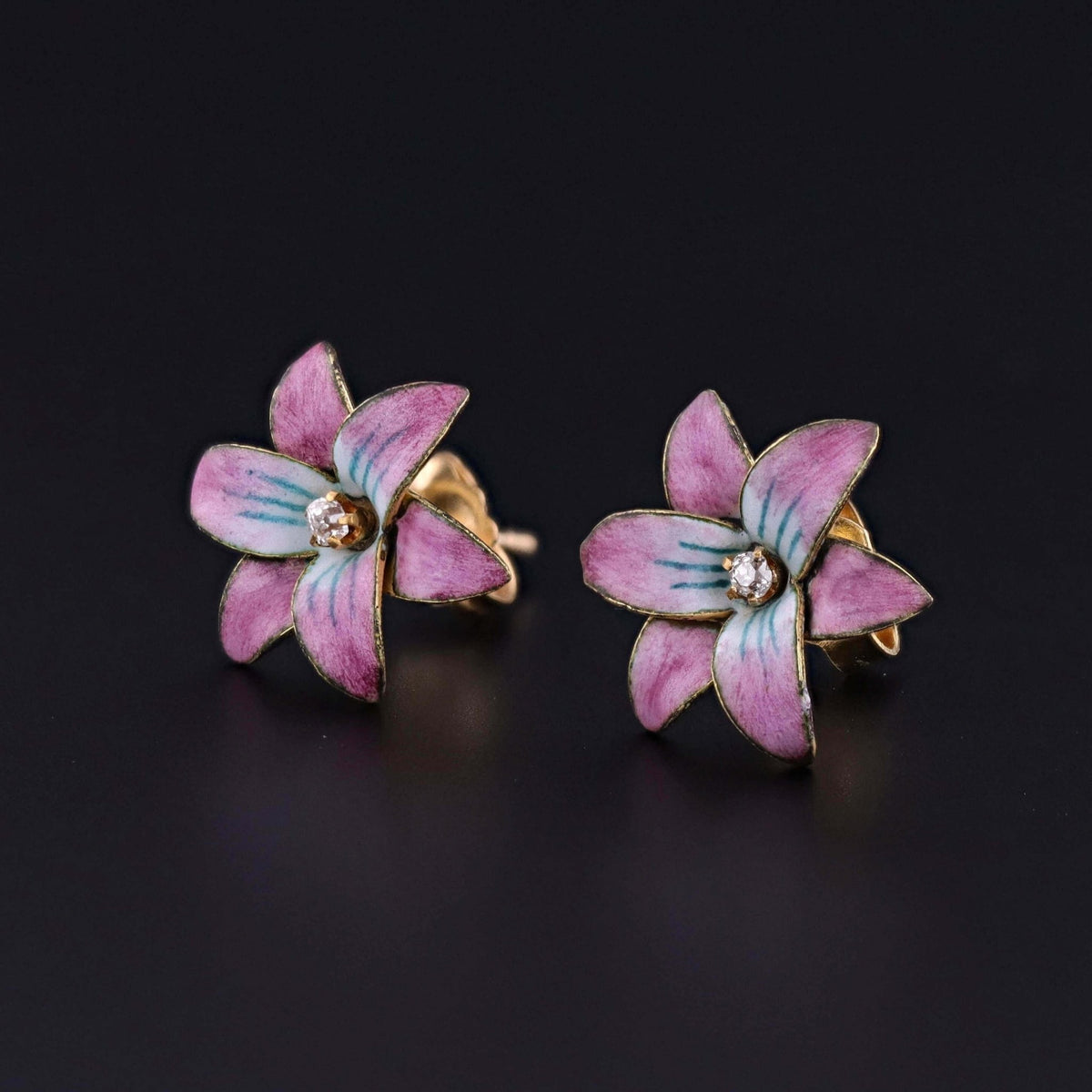 Antique Pink Enamel Flower Earrings of 18k Gold - Trademark Antiques