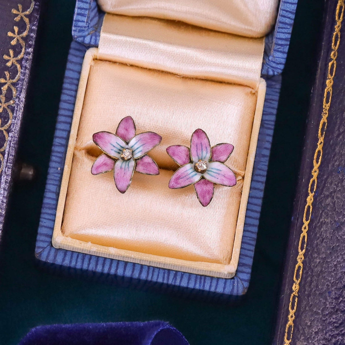 Antique Pink Enamel Flower Earrings of 18k Gold - Trademark Antiques