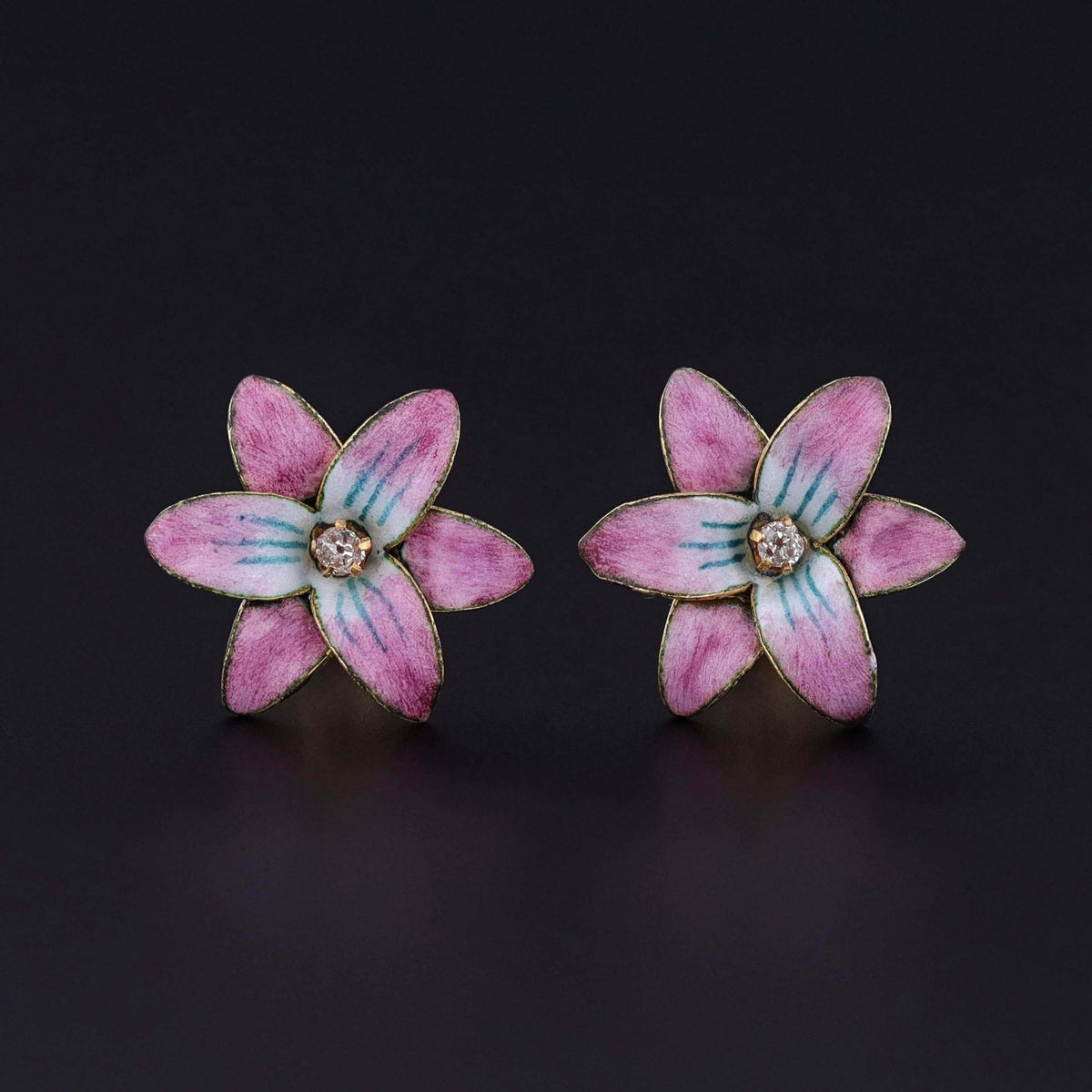 Antique Pink Enamel Flower Earrings of 18k Gold - Trademark Antiques