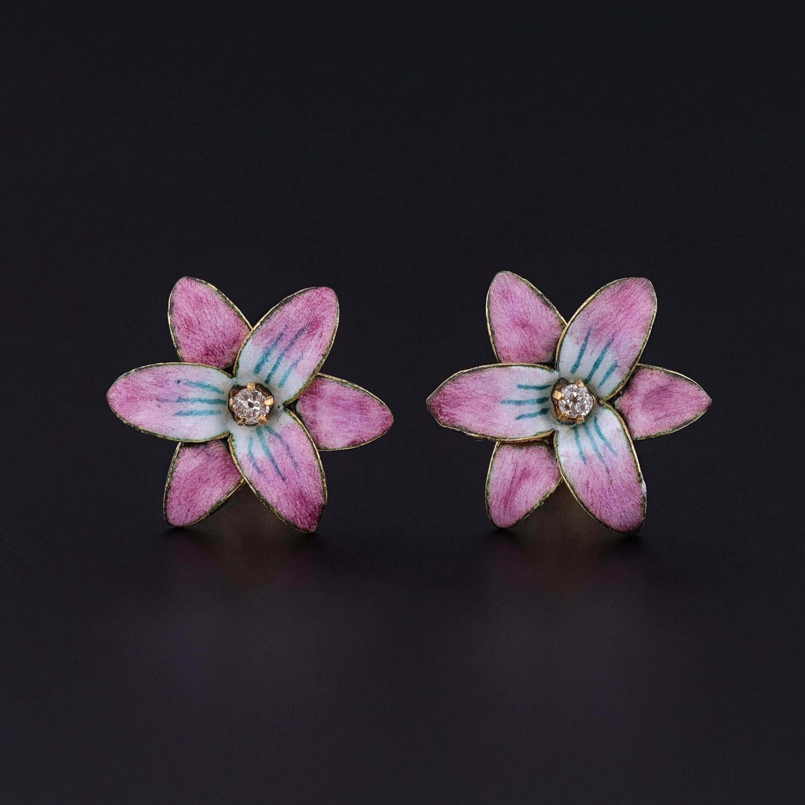 Antique Pink Enamel Flower Earrings of 18k Gold - Trademark Antiques