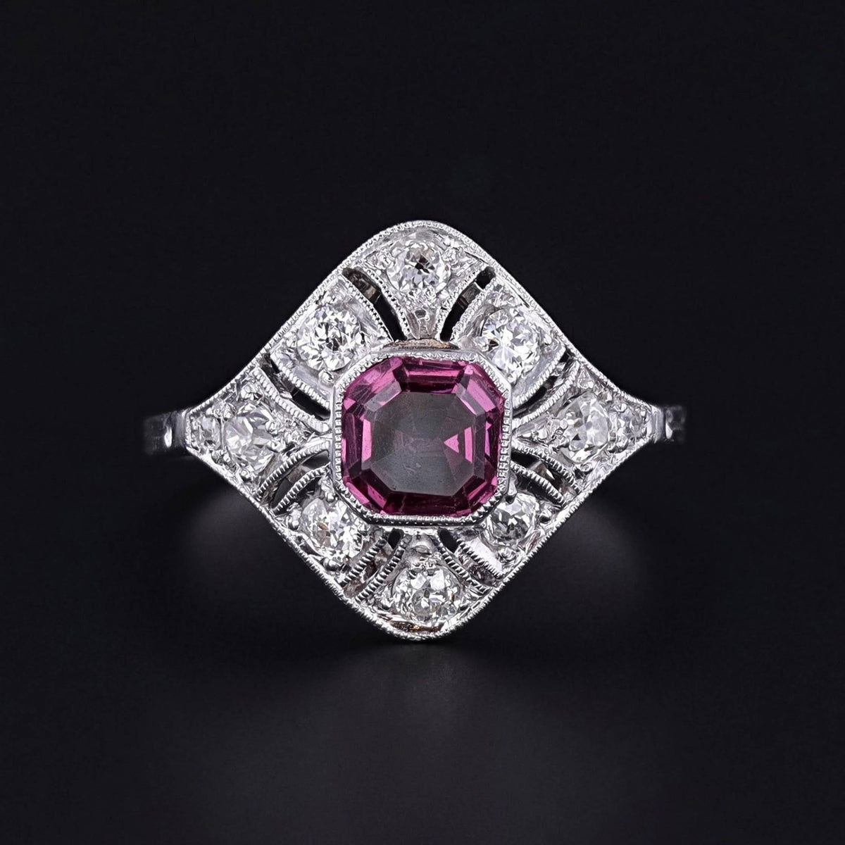 Antique Pink Sapphire and Diamond Ring of Platinum - Trademark Antiques