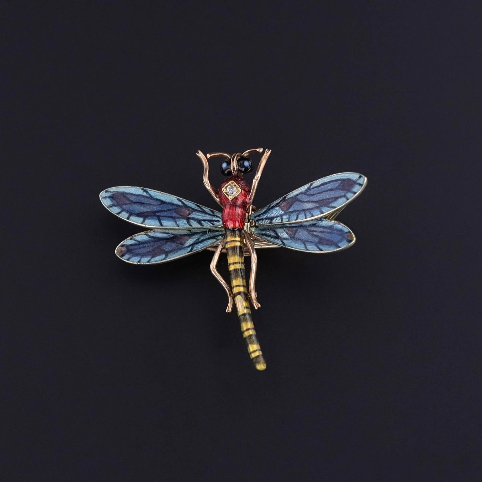 Antique Plique a Jour Enamel Dragonfly Clip of 14k Gold - Trademark Antiques
