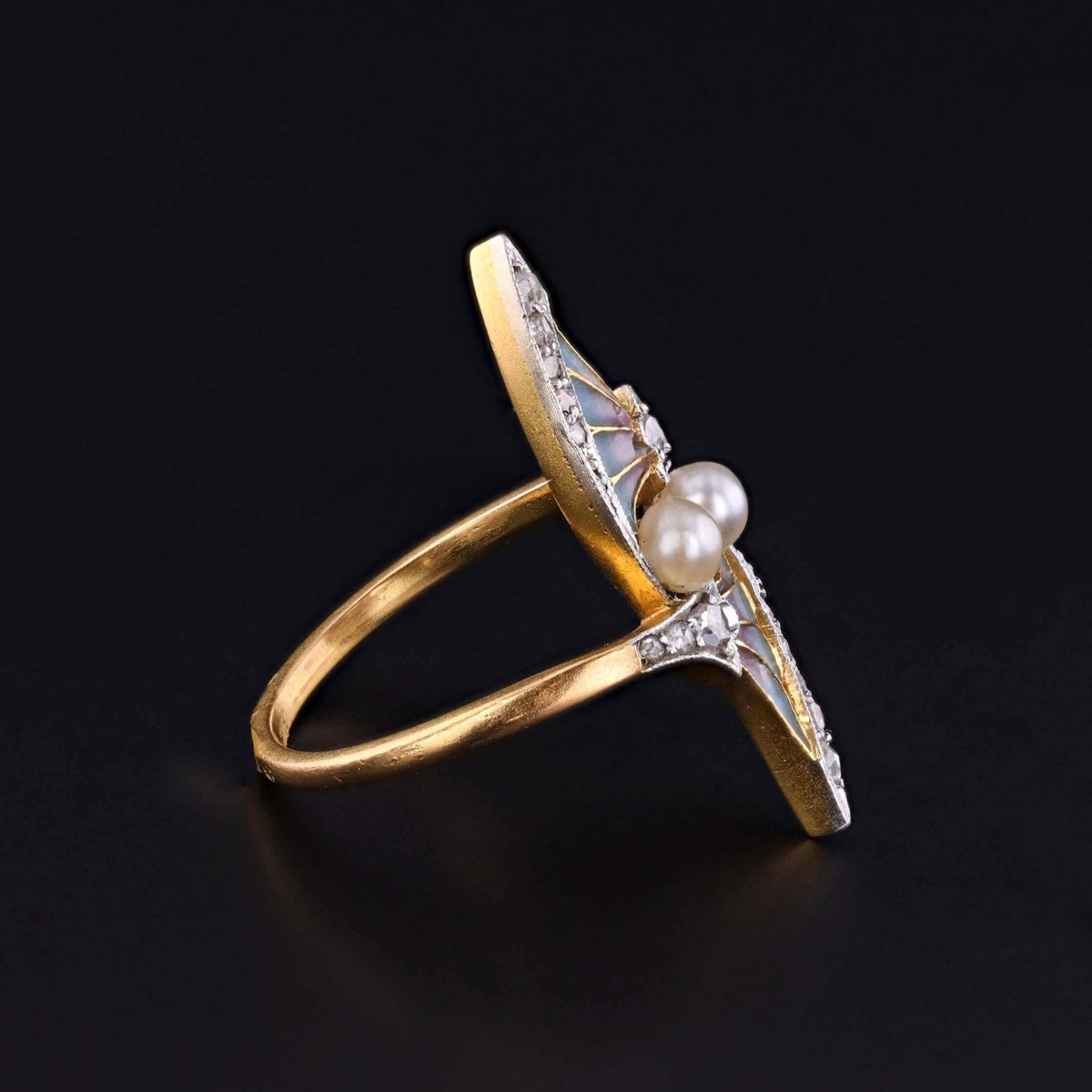 Antique Plique a Jour Enamel Ring with Pearl &amp; Diamond - Trademark Antiques