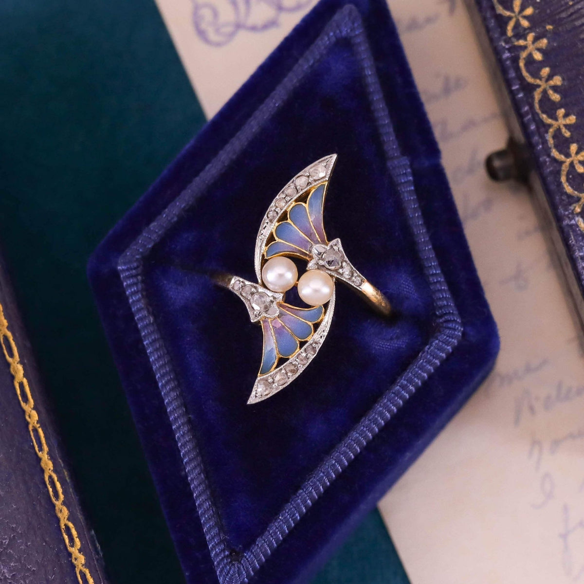 Antique Plique a Jour Enamel Ring with Pearl &amp; Diamond - Trademark Antiques