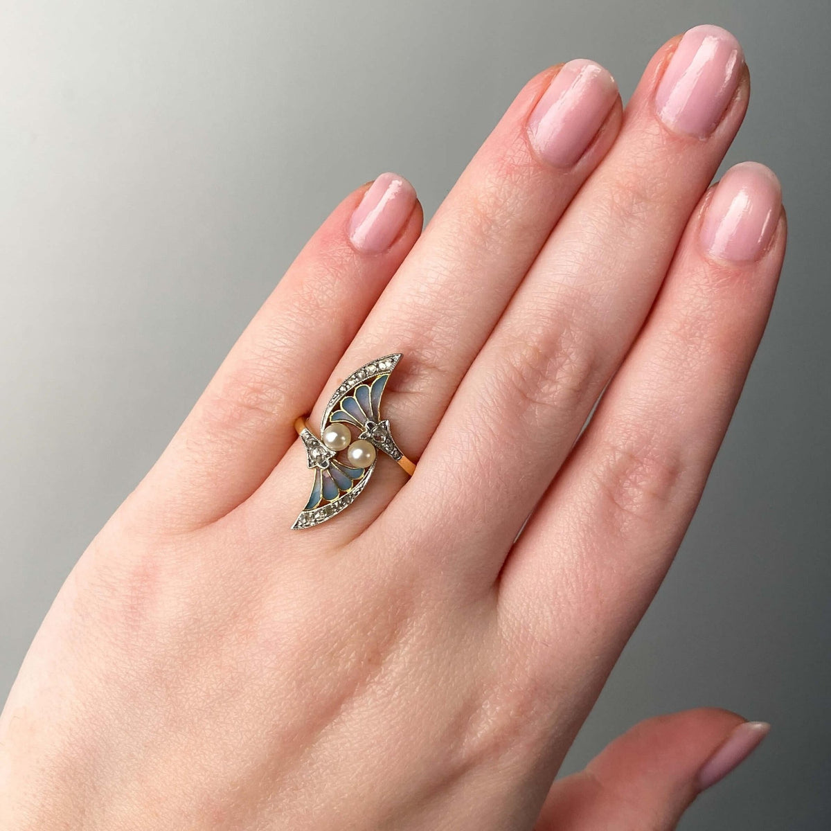 Antique Plique a Jour Enamel Ring with Pearl &amp; Diamond - Trademark Antiques