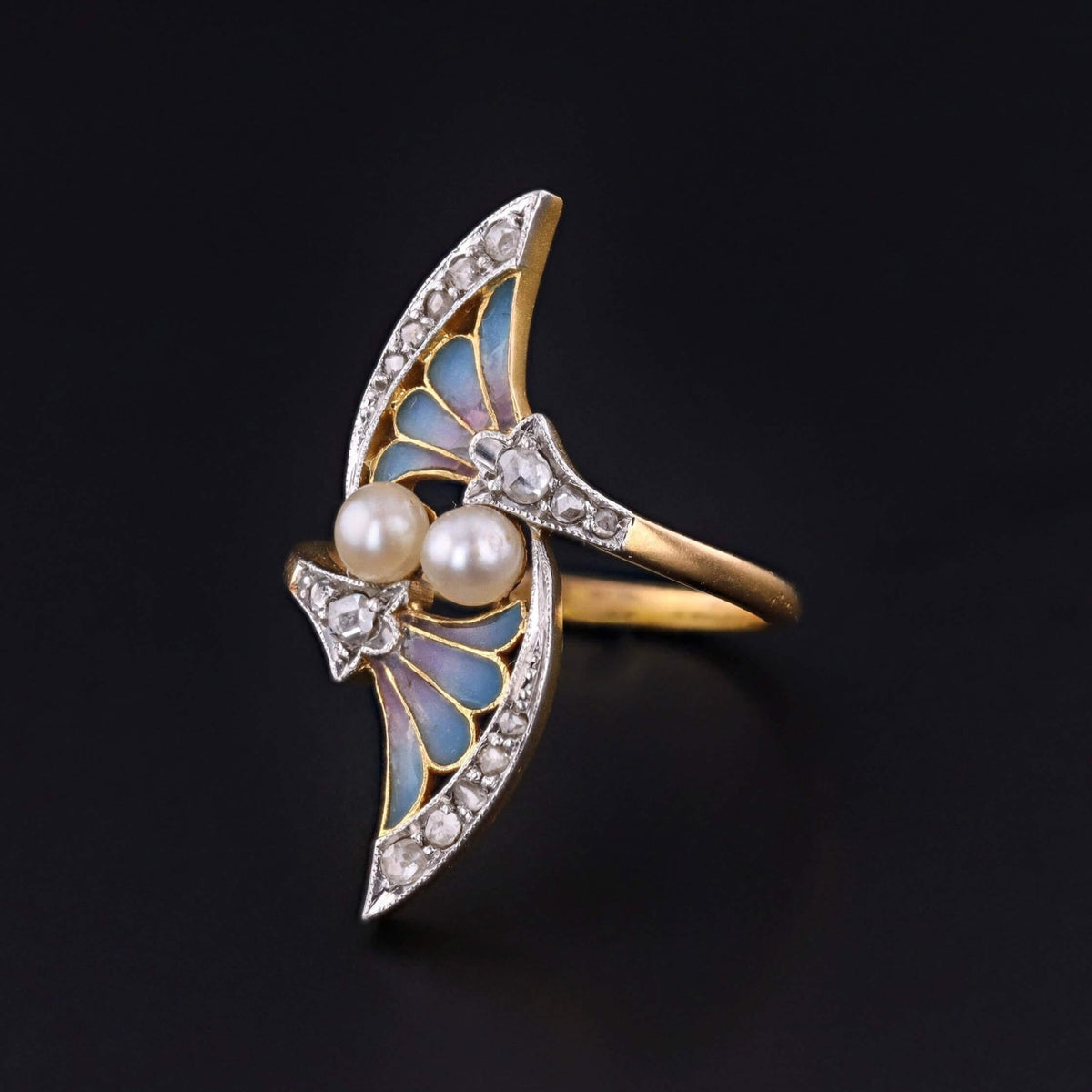 Antique Plique a Jour Enamel Ring with Pearl &amp; Diamond - Trademark Antiques