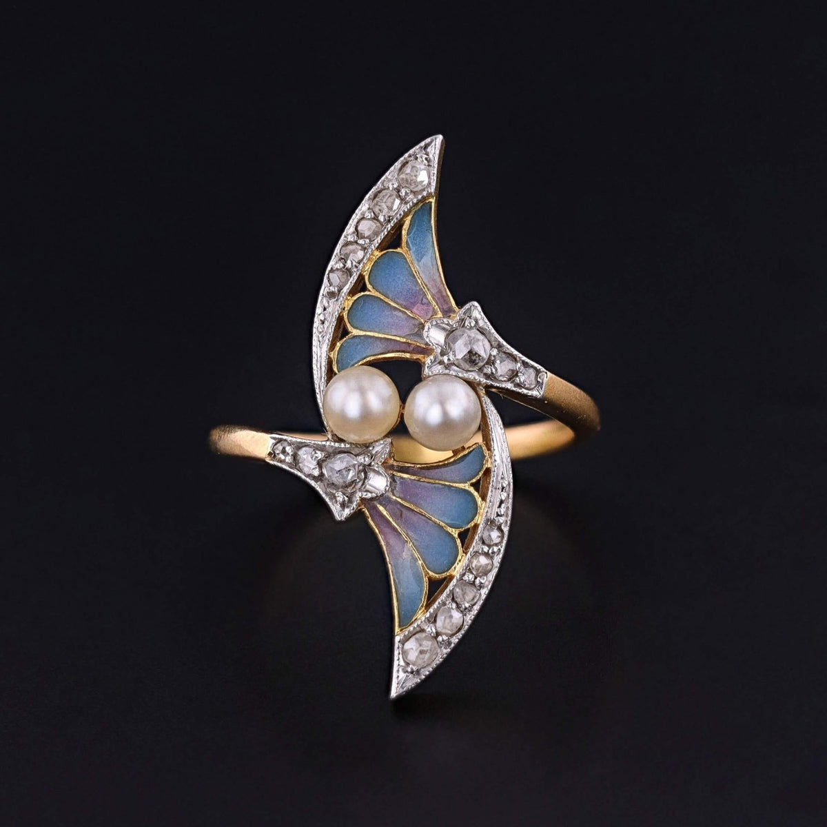 Antique Plique a Jour Enamel Ring with Pearl &amp; Diamond - Trademark Antiques