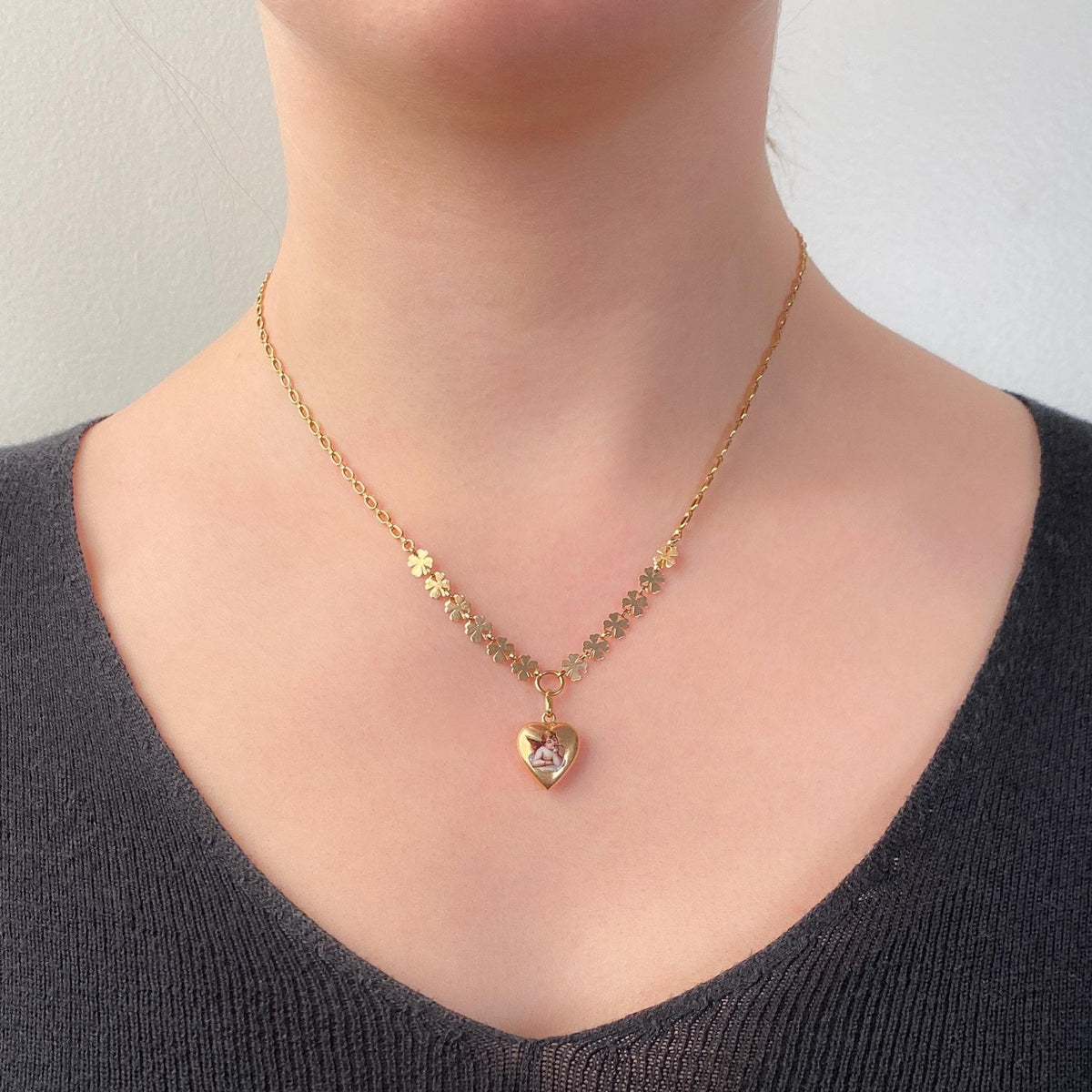 Antique Puffy Heart Cherub Necklace of 12ct and 14k Gold - Trademark Antiques