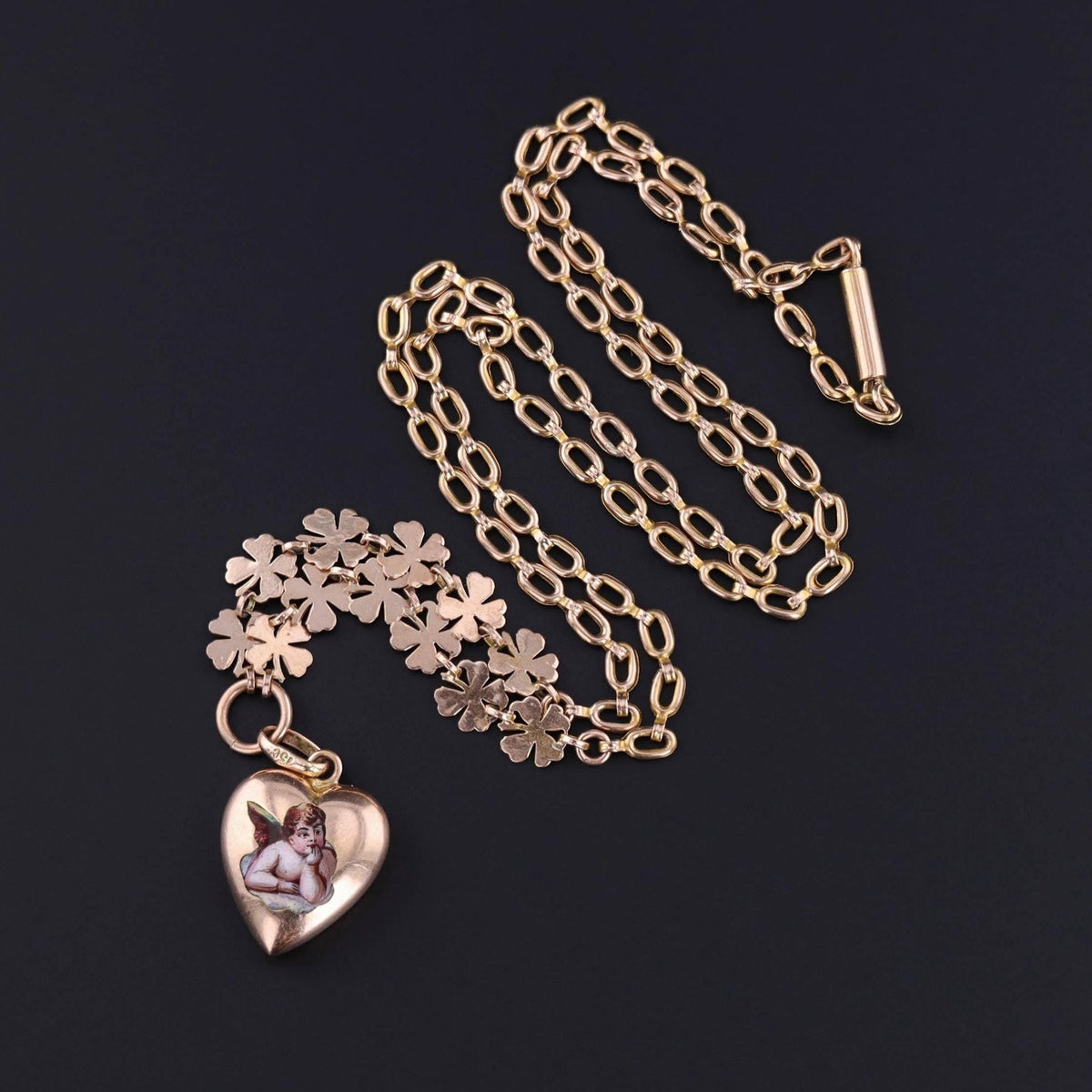 Antique Puffy Heart Cherub Necklace of 12ct and 14k Gold - Trademark Antiques