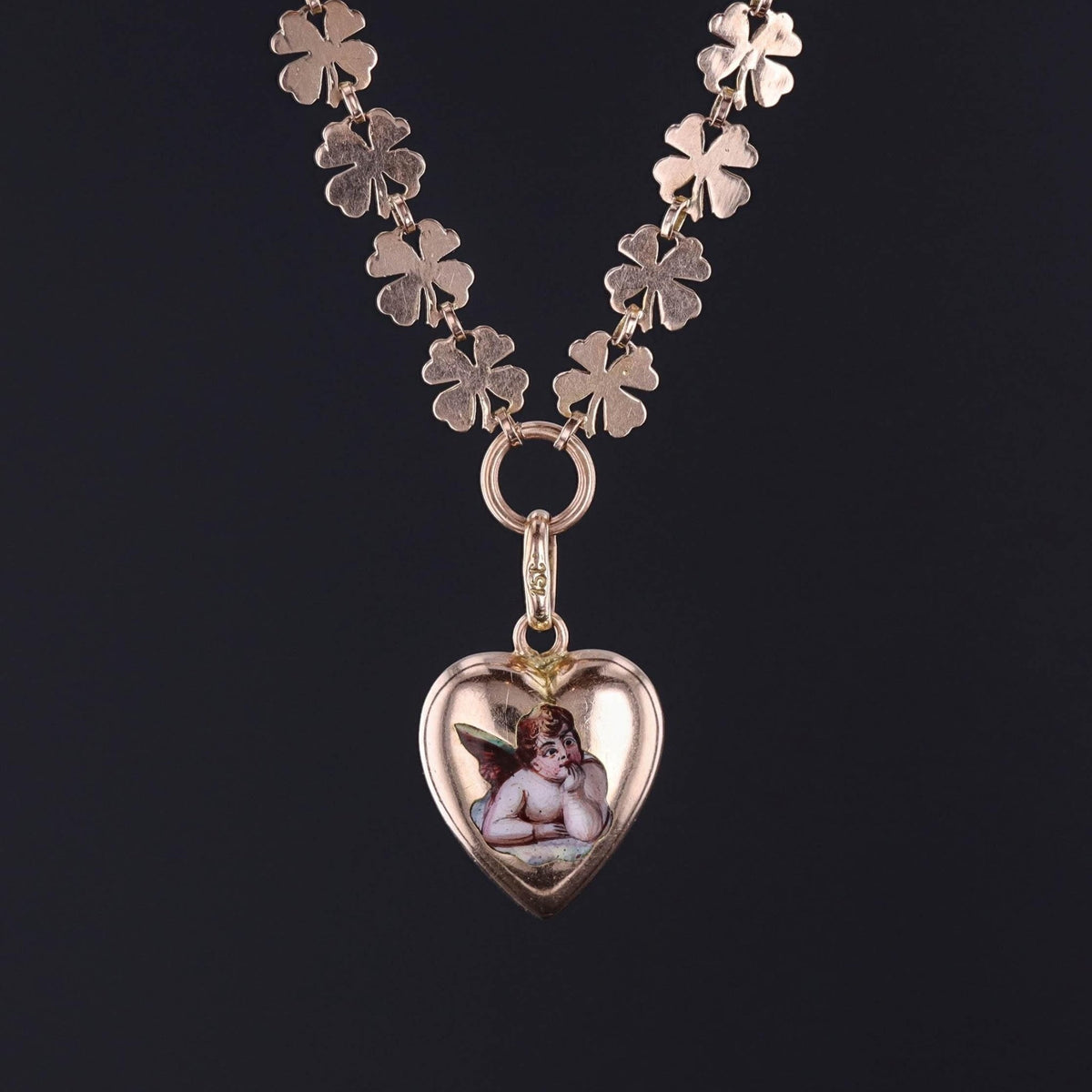 Antique Puffy Heart Cherub Necklace of 12ct and 14k Gold - Trademark Antiques