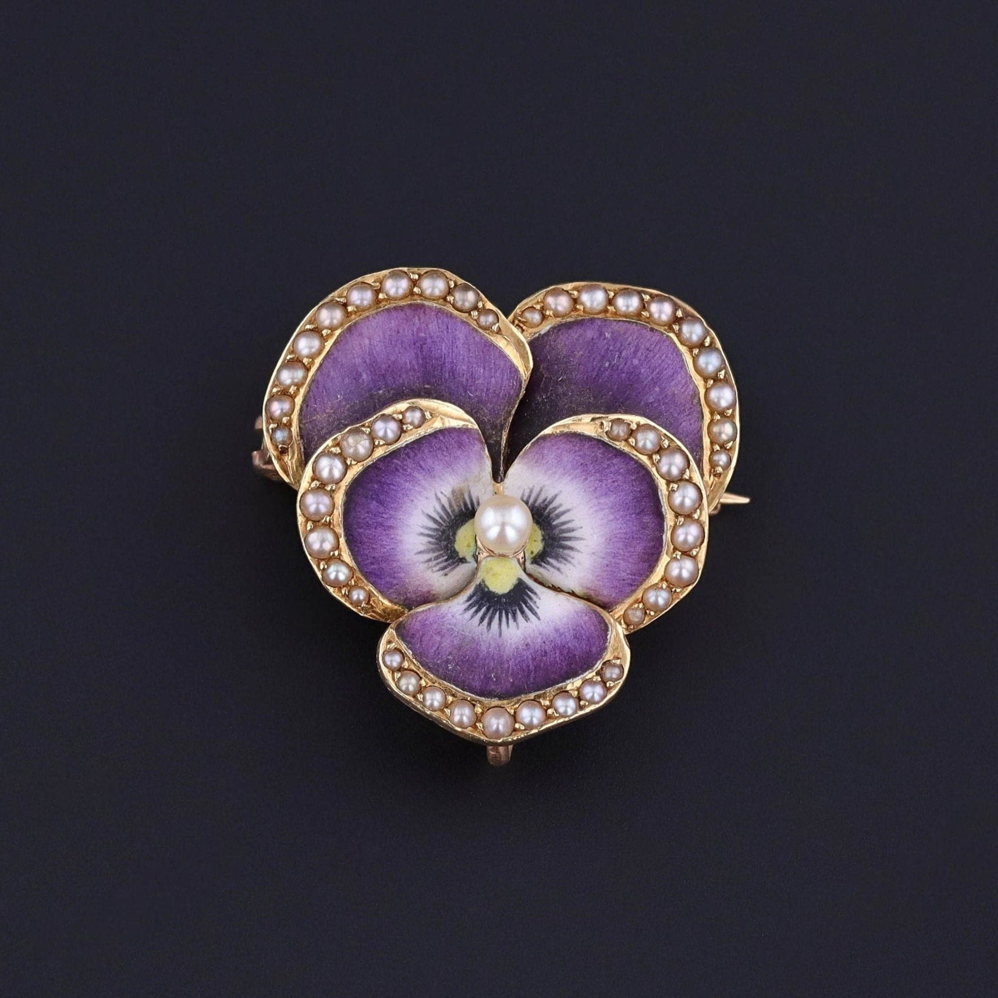 Antique Purple Enamel Pansy Brooch of 14k Gold by Krementz - Trademark Antiques