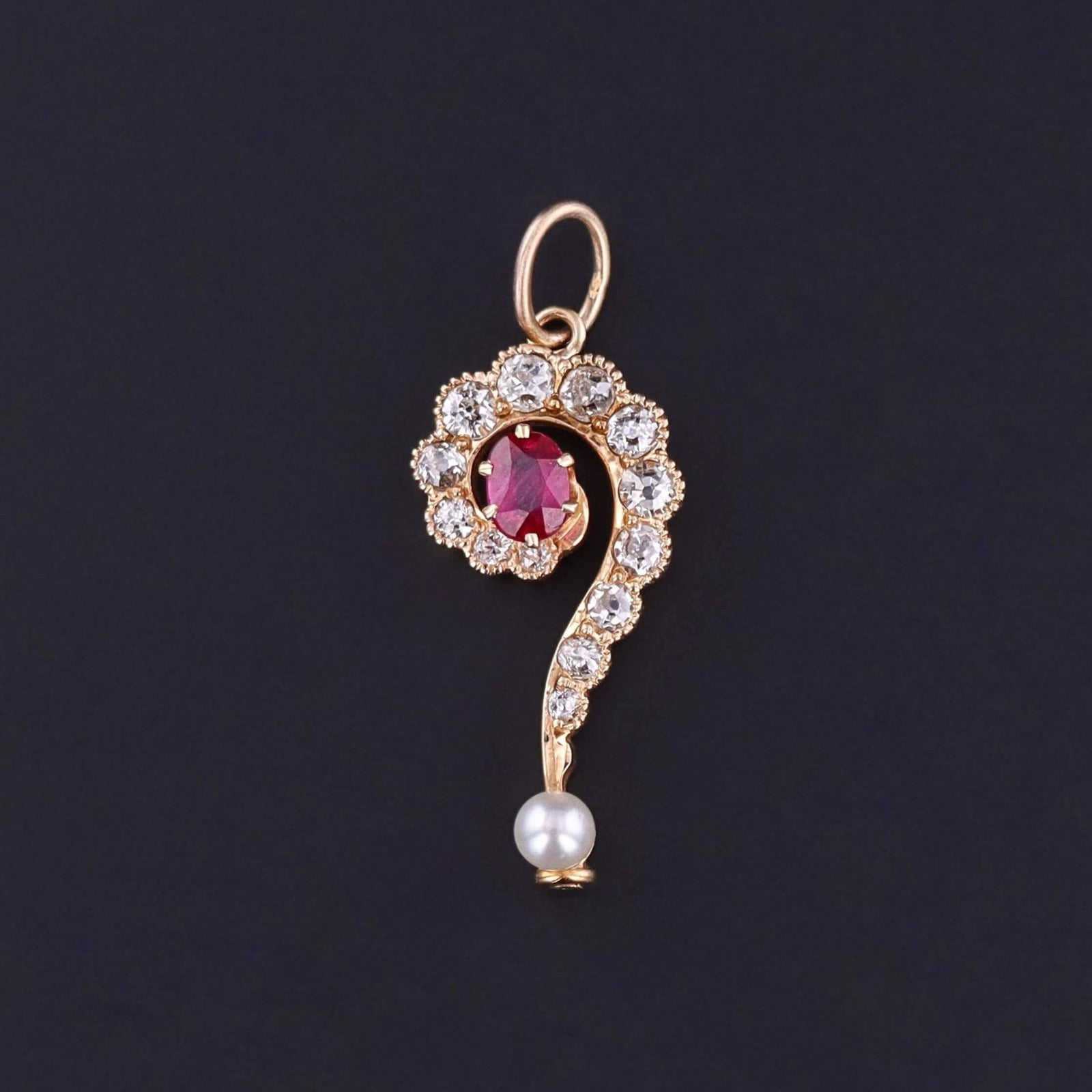 Antique Question Mark Charm of Ruby, Diamond, and Pearl - Trademark Antiques