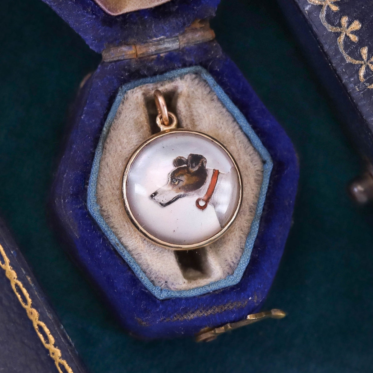 Antique Reverse Carved and Painted Crystal Terrier Dog Charm of 14k Gold - Trademark Antiques