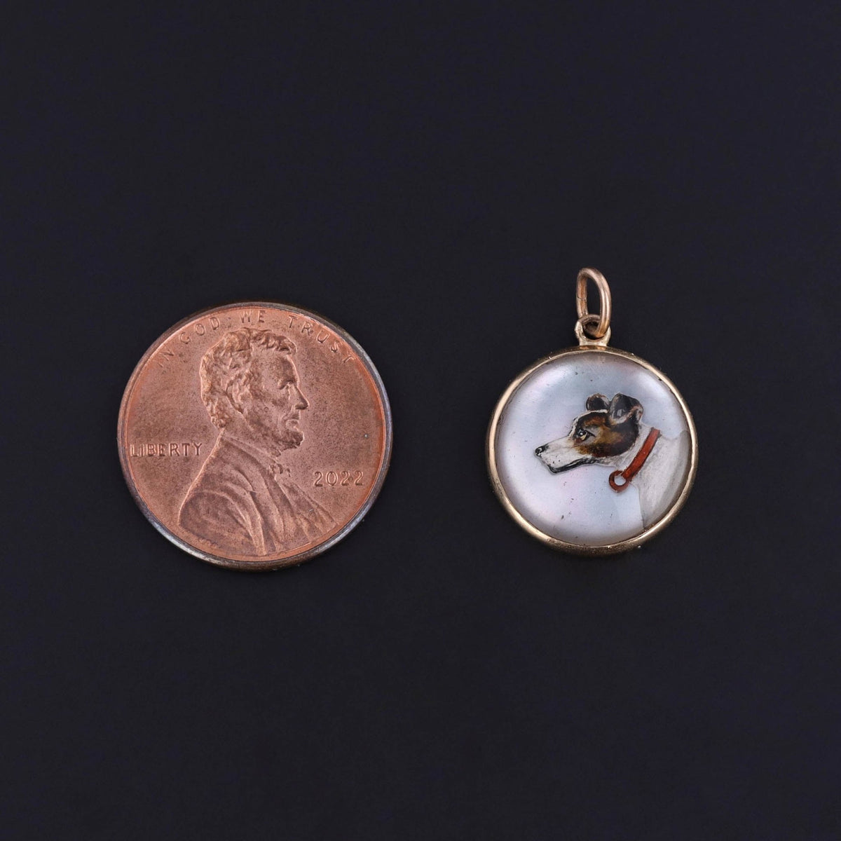 Antique Reverse Carved and Painted Crystal Terrier Dog Charm of 14k Gold - Trademark Antiques