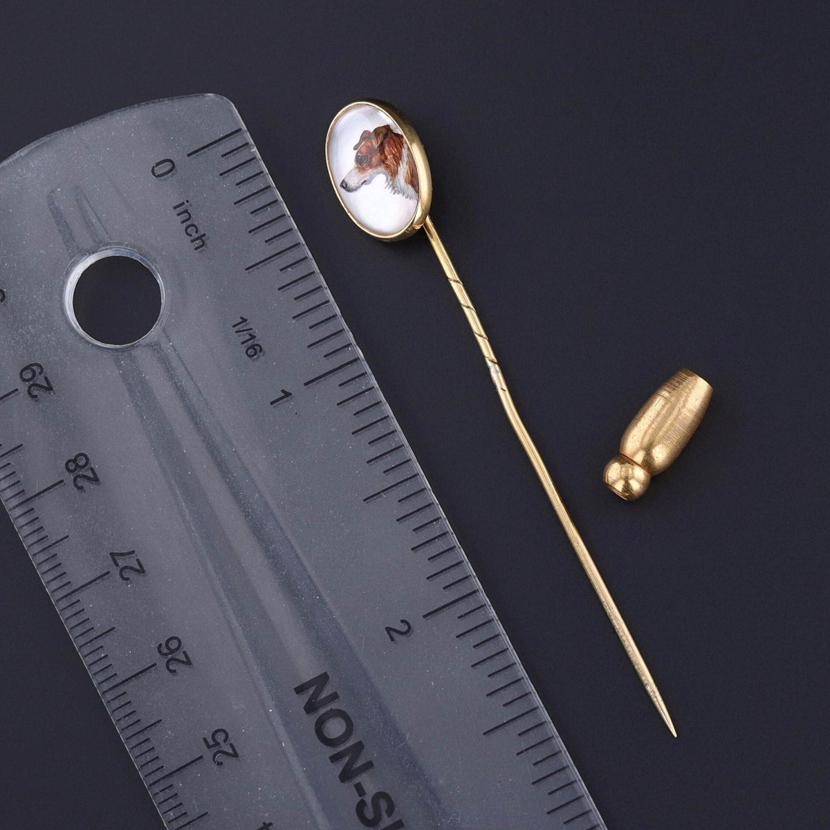 Antique Reverse Painted Crystal Dog Pin of 18k Gold - Trademark Antiques