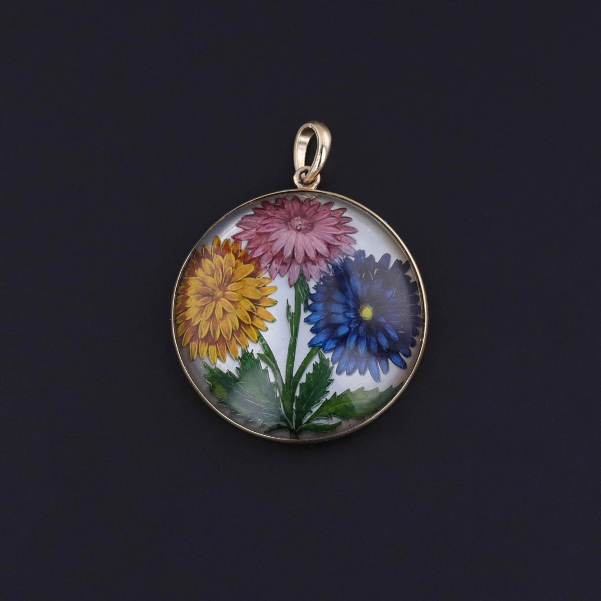 Antique Reverse Painted Crystal Flower Pendant of 14k Gold - Trademark Antiques