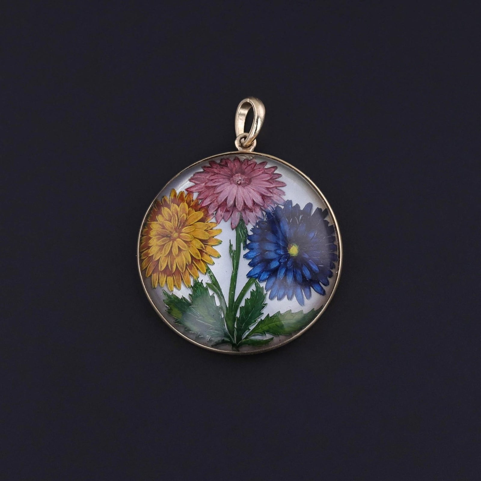 Antique Reverse Painted Crystal Flower Pendant of 14k Gold - Trademark Antiques