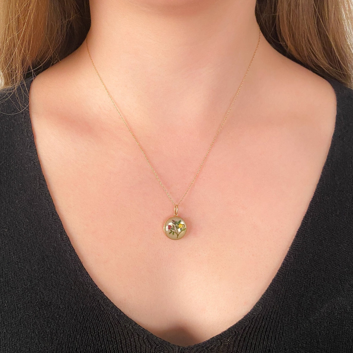 Antique Reverse Painted Crystal Flower Pendant of 14k Gold - Trademark Antiques