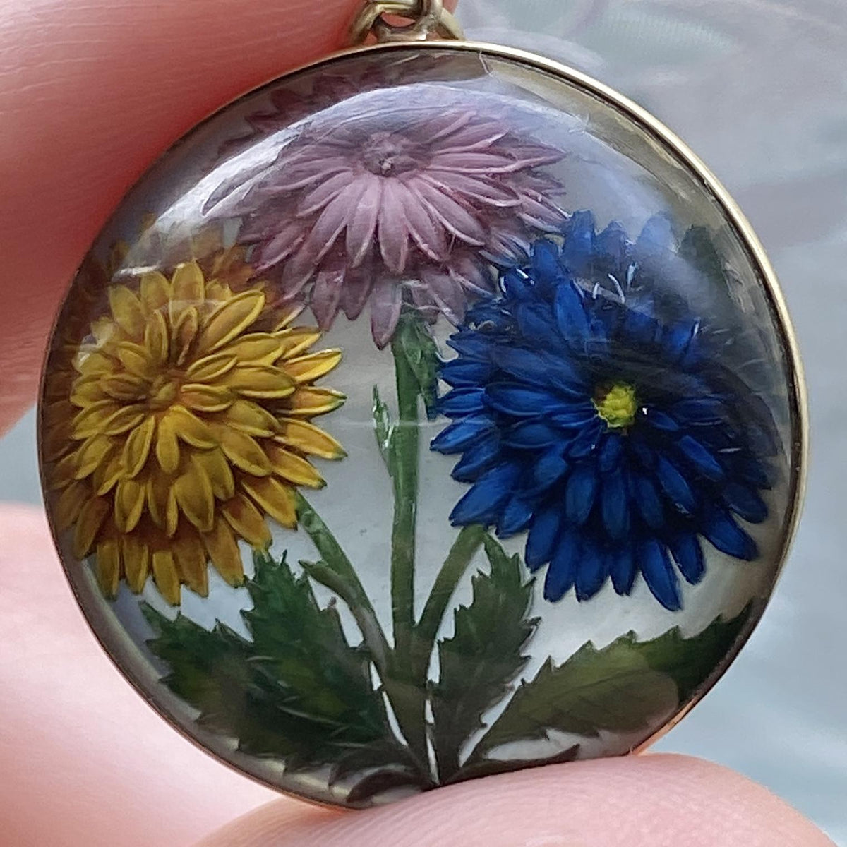 Antique Reverse Painted Crystal Flower Pendant of 14k Gold - Trademark Antiques