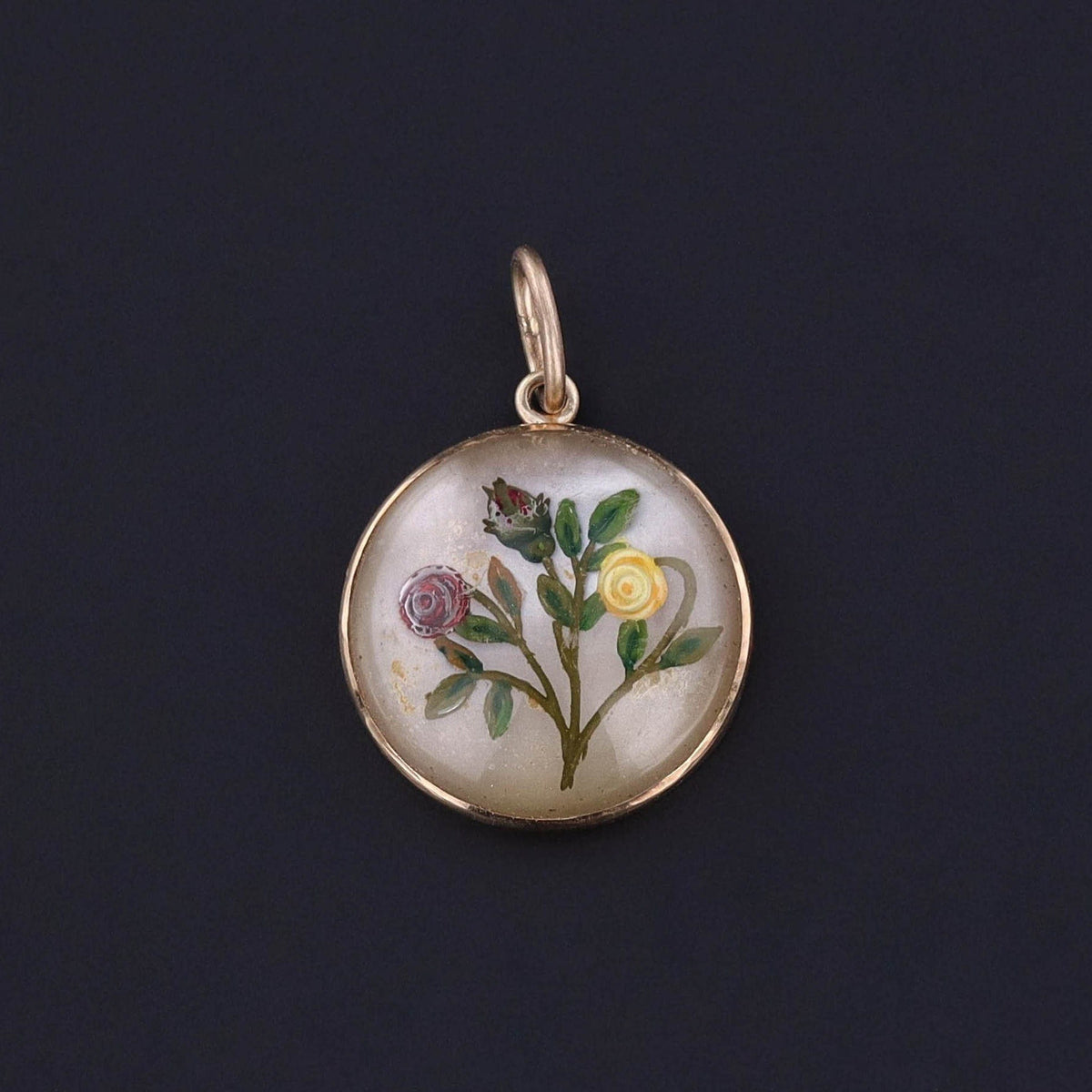 Antique Reverse Painted Crystal Flower Pendant of 14k Gold - Trademark Antiques
