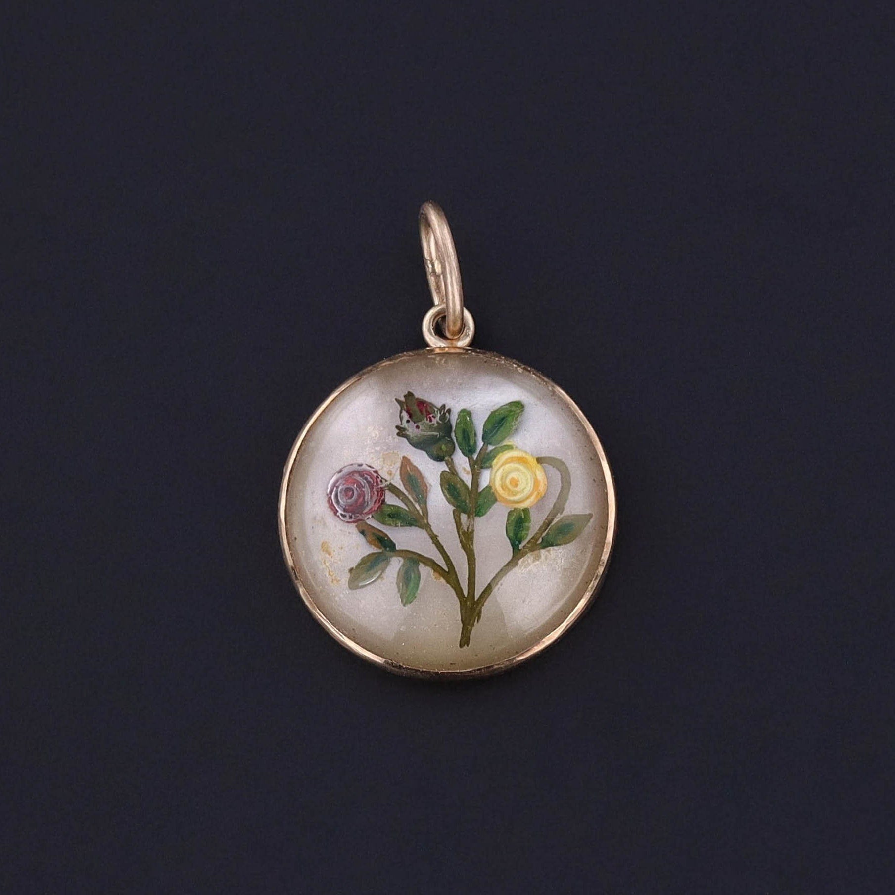 Antique Reverse Painted Crystal Flower Pendant of 14k Gold - Trademark Antiques