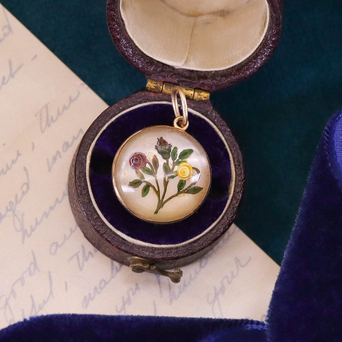 Antique Reverse Painted Crystal Flower Pendant of 14k Gold - Trademark Antiques