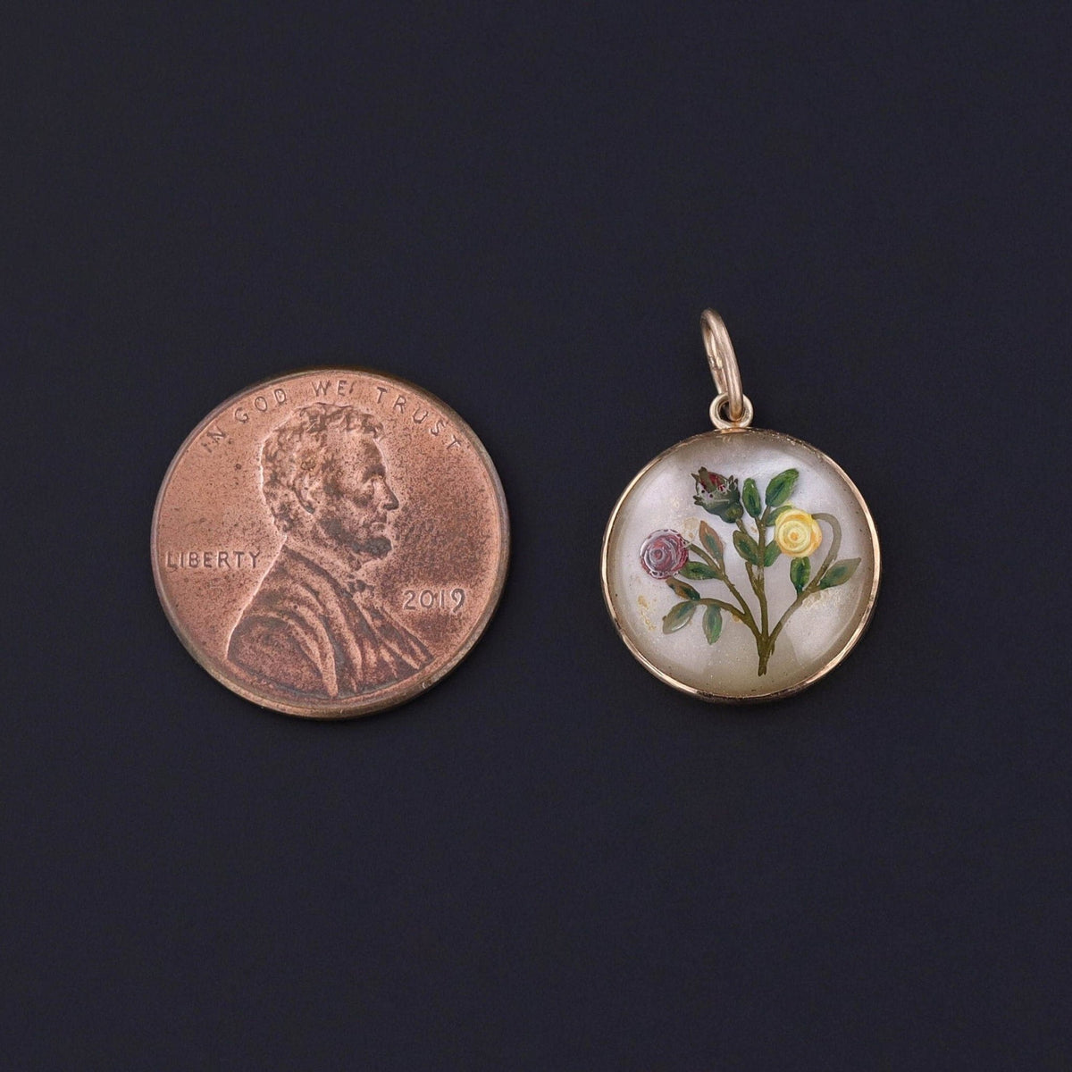 Antique Reverse Painted Crystal Flower Pendant of 14k Gold - Trademark Antiques