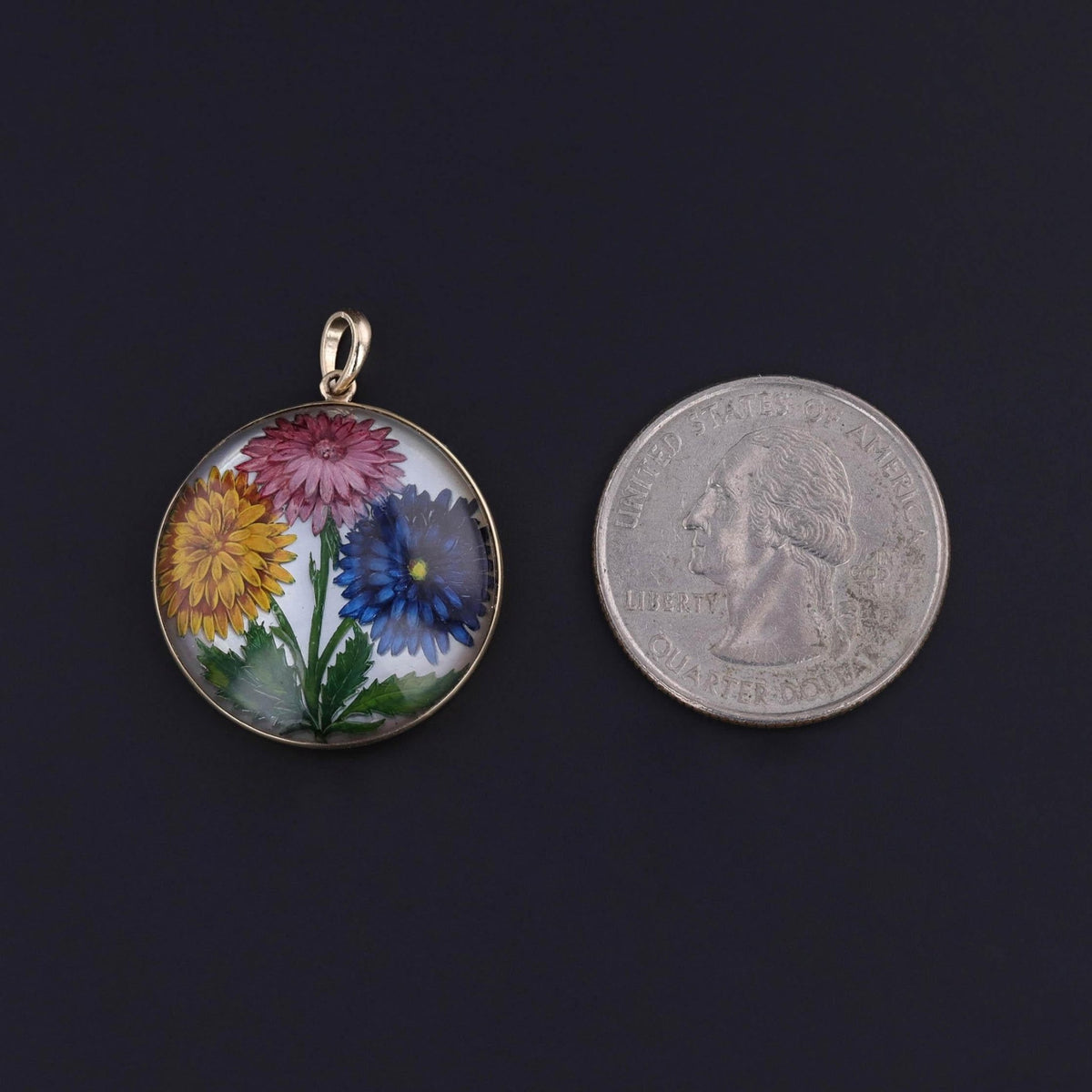 Antique Reverse Painted Crystal Flower Pendant of 14k Gold - Trademark Antiques